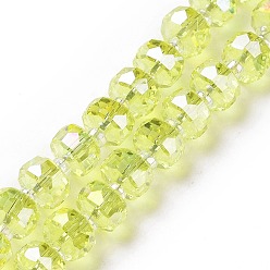 Jaune Plaquent verre transparent perles brins, de couleur plaquée ab , facette, rondelle, jaune, 7.5~8x4.5mm, Trou: 1.2mm, Environ 80 pcs/chapelet, 22.05'' (56 cm)