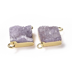 Lilas Connecteurs de liens de quartz druzy naturel, avec les accessoires en laiton, carrée, argenterie, lilas, 16~18x13~14x6~8mm, Trou: 2mm