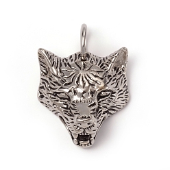 Antique Silver 304 Stainless Steel Pendants, with Jump Rings, Wolf Head, Antique Silver, 33x30x15mm, Jump Ring: 13x2mm, Inner Diameter: 9mm