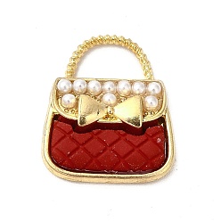 Red Alloy Enamel Charms, with ABS Plastic Imitation Pearl Beads, Cadmium Free & Nickel Free & Lead Free, Golden, Handbag with Bowknot Charm, Red, 18.5x16x4.5mm, Hole: 4.5x8mm