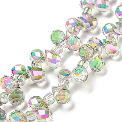 Gainsboro Electroplate Transparent Glass Beads Strands, Rainbow Plated, Faceted Teardrop, Top Drilled, Gainsboro, 6x4mm, Hole: 0.8mm, about 97~102pcs/strand, 10.63''~14.80''(27~37.6cm)