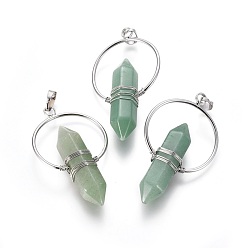 Green Aventurine Natural Green Aventurine Wire Wrapped Pointed Big Pendants, Double Terminated Pointed, with Brass Findings, Bullet, Platinum, 53~55x30~32x11.5mm, Hole: 7.5x4mm