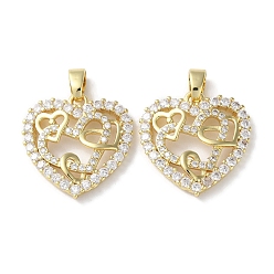Real 18K Gold Plated Rack Plating Brass Micro Pave Cubic Zirconia Pendants, Long-Lasting Plated, Lead Free & Cadmium Free, Heart, Real 18K Gold Plated, 21.5x21x3mm, Hole: 5.5x3mm