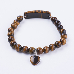 Tiger Eye Natural Tiger Eye Stretch Bracelets, with Alloy Findings, Heart, 2-3/8 inch(61mm)