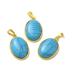 Synthetic Turquoise Synthetic Turquoise Dyed Pendants, Oval Charms, with Rack Plating Golden Plated Brass Findings, Lead Free & Cadmium Free, 31x20x7.5~8mm, Hole: 7x5mm