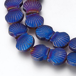 Plaqué Bleu Galvaniques perles d'hématite synthétique non magnétique brins, givré, coquille, bleu plaqué, 10.5x10x4mm, Trou: 1mm, Environ 40 pcs/chapelet, 15.55 pouce (39.5 cm)