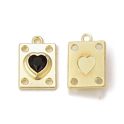 Black Rack Plating Alloy Glass Pendants, Golden, Rectangle with Heart Charms, Black, 19.5x12.5x5mm, Hole: 1.8mm