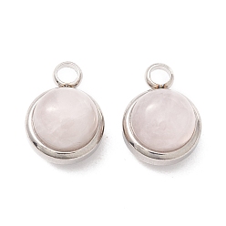 Rose Quartz Natural Rose Quartz Charms, with 304 Stainless Steel Findings, Half Round, Stainless Steel Color, 13.5x10x7.5mm, Hole: 2.5mm