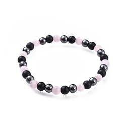 Pearl Pink Cat Eye Stretch Bracelets, with Natural Black Agate(Dyed) Beads and Non-Magnetic Synthetic Hematite Beads, Pearl Pink, 2-1/4 inch(5.7cm)