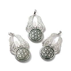 Green Aventurine Natural Green Aventurine Big Pendants, Flat Round with Wing Charms, with Rack Plating Platinum Tone Brass Findings, Cadmium Free & Lead Free, 61.5x37x5.5mm, Hole: 8x5mm