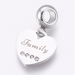 Stainless Steel Color 304 Stainless Steel European Dangle Charms, Large Hole Pendants, with Rhinestone, Heart with Word Family, Stainless Steel Color, 23mm, Hole: 4mm, Pendant: 13.5x14x1mm