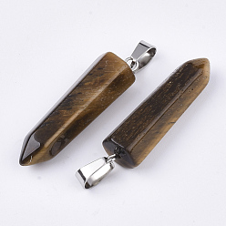 Tiger Eye Natural Tiger Eye Point Pendants, with Platinum Tone Brass Findings, Bullet, 35~37x10~11x9~10mm, Hole: 6~7x2.5~4mm