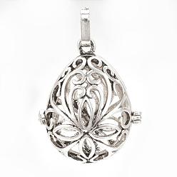 Antique Silver Rack Plating Brass Cage Pendants, For Chime Ball Pendant Necklaces Making, Hollow Teardrop with Flower, Antique Silver, 34x27x22mm, Hole: 3mm, inner measure: 24x18mm