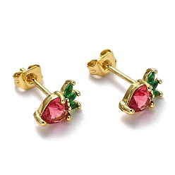 Red Brass Micro Pave Cubic Zirconia Stud Earrings, with Ear Nuts, Strawberry, Real 18K Gold Plated, Red, 9.5x6x4mm, Pin: 0.8mm