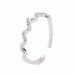 Platino Anillo de puño abierto con ondas de circonita cúbica transparente, joyas de latón para mujer, Platino, tamaño de EE. UU. 7 1/4 (17.5 mm)