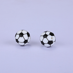 Blanco Redondo impreso con cuentas focales de silicona con patrón de fútbol, blanco, 15x15 mm, agujero: 2 mm