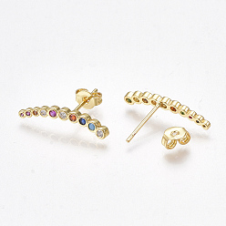 Golden Brass Micro Pave Cubic Zirconia(Random Mixed Color) Ear Studs, with Ear Nuts, Golden, 4.5x21mm, Pin: 0.7mm