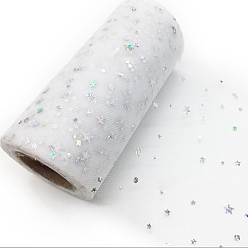 WhiteSmoke Sparkle Polyester Tulle Fabric Rolls, Mesh Ribbon Spool with Silver Tone Star & Moon & Sun Sequins, for Wedding and Decoration, WhiteSmoke, 5-7/8 inch(150mm), about 25 Yards/Roll