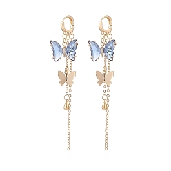 Bleu Bleuet Créoles pendantes papillon en verre avec zircone cubique transparente, Boucles d'oreilles long pompon laiton doré pour femme, bleuet, 95mm, pin: 1 mm