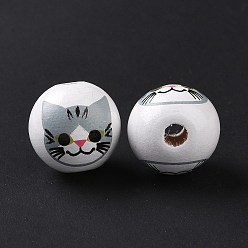 Gris Perles européennes en bois imprimées, Perles avec un grand trou   , rond avec motif chat, grises , 15.5~16x14.5~15mm, Trou: 4.6mm