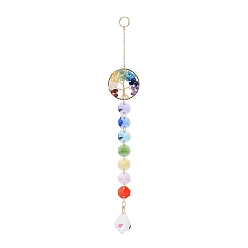 Leaf Natural & Synthetic Mixed Gemstone Tree with Glass Window Hanging Suncatchers, Golden Brass Tassel Pendants Decorations Ornaments, Leaf, 243mm