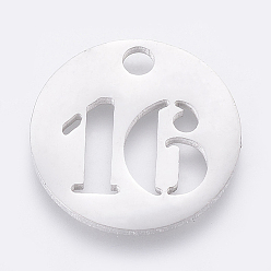 Number 304 Stainless Steel Pendants, Cut-Out, Hollow, Flat Round with Number, Stainless Steel Color, Num.16, 19x1.5mm, Hole: 2.5mm