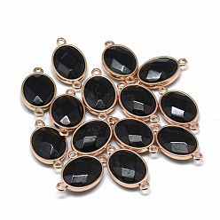 Agate Noire Connecteurs de liens en agate noire naturelle teints, avec les accessoires en laiton de tonalité d'or, facette, ovale, 25x14x6~7mm, Trou: 2mm