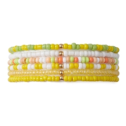 Jaune 6 Ensemble de bracelets extensibles en perles de verre et perles en laiton, bracelets empilables, jaune, diamètre intérieur: 2-1/4 pouce (5.7 cm), 6 pièces / kit
