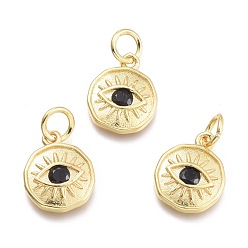 Black Brass Micro Pave Cubic Zirconia Pendants, with Jump Ring, Flat Round with Eye, Real 18K Gold Plated, Black, 12x10x2mm, Jump Rings: 5x0.8mm, Inner Diameter: 3mm