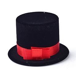 Black Velvet Ring Boxes, with Plastic with Ribbon, Hat, Black, 6.1x3.7cm