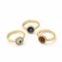 Mixed Color Lampwork Evil Eye Open Cuff Ring with Clear Cubic Zirconia, Real 18K Gold Plated Brass Jewelry for Women, Mixed Color, Inner Diameter: 17mm