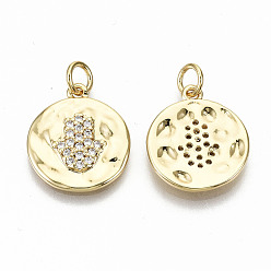 Real 16K Gold Plated Hammered Brass Micro Pave Clear Cubic Zirconia Pendants, with Jump Rings, Nickel Free, Flat Round with Hamsa Hand/Hand of Fatima/Hand of Miriam, Real 16K Gold Plated, 17x15x2mm, Jump Ring: 5x0.8mm, 3.4mm inner diameter