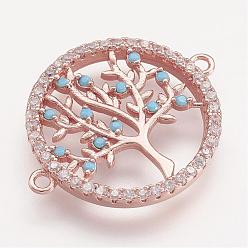 Rose Gold Brass Micro Pave Cubic Zirconia Links, Flat Round with Tree of Life, Rose Gold, 24x19x2mm, Hole: 1mm