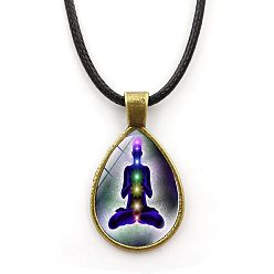 Marine Blue Yoga Theme Alloy Teardrop Pendant Necklace with Wax Rope for Women, Black, 16.93 inch(43cm)