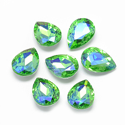 Light Green Pointed Back Glass Rhinestone Cabochons, Back Plated, Faceted, AB Color Plated, teardrop, Light Green, 14x10x5mm