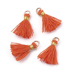 Coral Polycotton(Polyester Cotton) Tassel Pendant Decorations, Mini Tassel, with Iron Findings and Metallic Cord, Light Gold, Coral, 10~15x2~3mm, Hole: 1.5mm