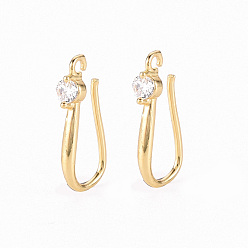 Real 18K Gold Plated Brass Micro Pave Clear Cubic Zirconia Earring Hooks, with Horizontal Loop, Nickel Free, Real 18K Gold Plated, 17x2.5mm, Hole: 1.2mm, 21 Gauge, Pin: 0.7mm