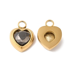 Gray Ion Plating(IP) 304 Glass Charms, with Glass, Heart, Real 14K Gold Plated, Gray, 16x12x6mm, Hole: 3mm