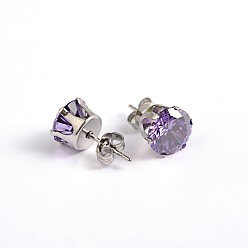 Medium Purple Flat Round 304 Stainless Steel Cubic Zirconia Stud Earrings, Medium Purple, 5mm, Pin: 0.9mm
