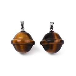 Tiger Eye Natural Tiger Eye Pendants, with Stainless Steel Color Tone Stainless Steel Findings, Planet, 22.5x20mm, Hole: 3x5mm
