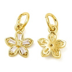 Real 18K Gold Plated Rack Plating Brass Pave Clear Cubic Zirconia Flower Charms, with Jump Ring, Long-Lasting Plated, Lead Free & Cadmium Free, Real 18K Gold Plated, 11x9x2.5mm, Hole: 4mm