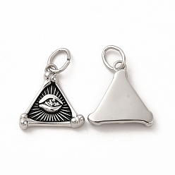 Antique Silver Ion Plating(IP) 304 Stainless Steel Pendants, with Jump Rings, Triangle with Eye Charms, Antique Silver, 17x16x3mm, Hole: 6mm