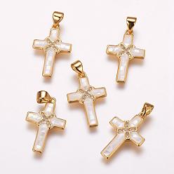 Golden Brass Micro Pave Cubic Zirconia Pendants, with White Shell, Cross, Golden, 21.5x14x2mm, Hole: 3.5x4.5mm