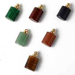 Mixed Stone Natural & Synthetic Mixed Gemstone Openable Perfume Bottle Pendants, with Brass Findings, Rectangle, Golden, 30~33x18.5x12.5~13.5mm, Hole: 2mm, Capacity: 1ml(0.03 fl. oz)