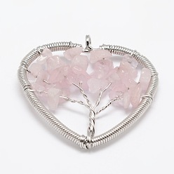 Rose Quartz Tree of Life Natural Rose Quartz Bead Brass Wire Wrapped Heart Big Pendants, Cadmium Free & Nickel Free & Lead Free, Platinum, 45~50x48~52x6~9mm, Hole: 4~6mm