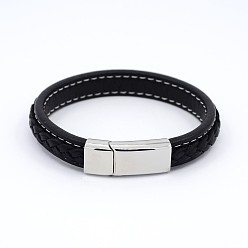 Black Unisex Casual Style Braided Leather Cord Bracelets, with 304 Stainless Steel Clasps, Black, 215x12x6mm