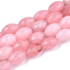 Pink Natural White Jade Beads Strands, Dyed, Faceted, Rice, Pink, 9.5x6.5mm, Hole: 1mm, about 42~43pcs/strand, 15.55 inch~15.75 inch(39.5cm~40cm)