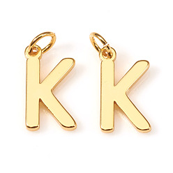 Letter K Brass Charms, with Jump Rings, Letter, Real 18K Gold Plated, Letter.K, K: 10x6.5x1mm, Hole: 2.5mm