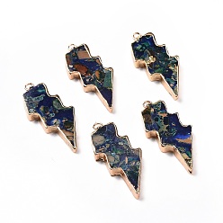 Midnight Blue Dyed Natural Imperial Jasper Pendants, Lightning Bolt Charms, with Golden Tone Brass Findings, Midnight Blue, 39.5x16.5x4mm, Hole: 1.8mm