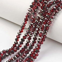 Dark Red Electroplate Transparent Glass Beads Strands, Half Black Plated, Faceted, Rondelle, Dark Red, 8x6mm, Hole: 1mm, about 65~68pcs/strand, 15.7~16.1 inch(40~41cm)